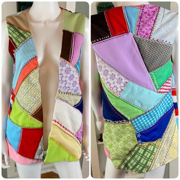 Handmade Jackets & Blazers - Vintage 60s 70s Polyester Patchwork Crazy Quilt Vest XS/S Handmade Embroidered